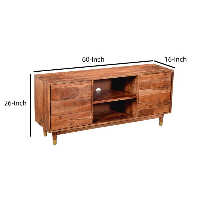 Handcrafted Wooden TV Console with Live Edge Shutter Door Cabinets, Brown