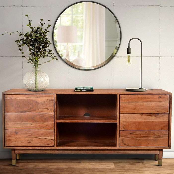 Handcrafted Wooden TV Console with Live Edge Shutter Door Cabinets, Brown