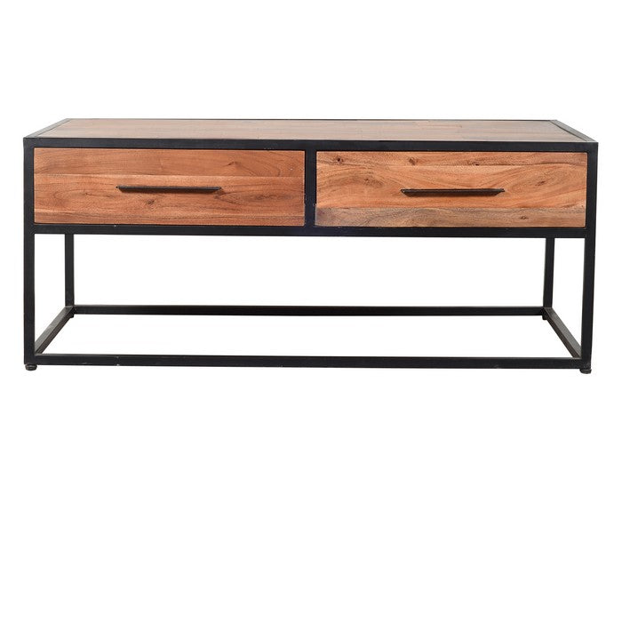 2 Drawer Industrial Metal Coffee Table with Wooden Tile Top, Brown and Black
