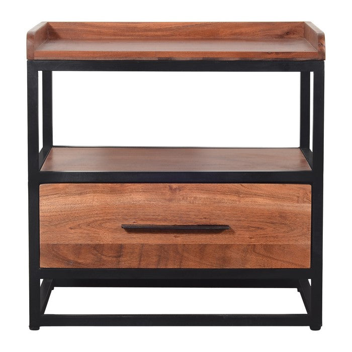 Handcrafted Industrial Metal End Table with Wooden Drawer, Brown and Black