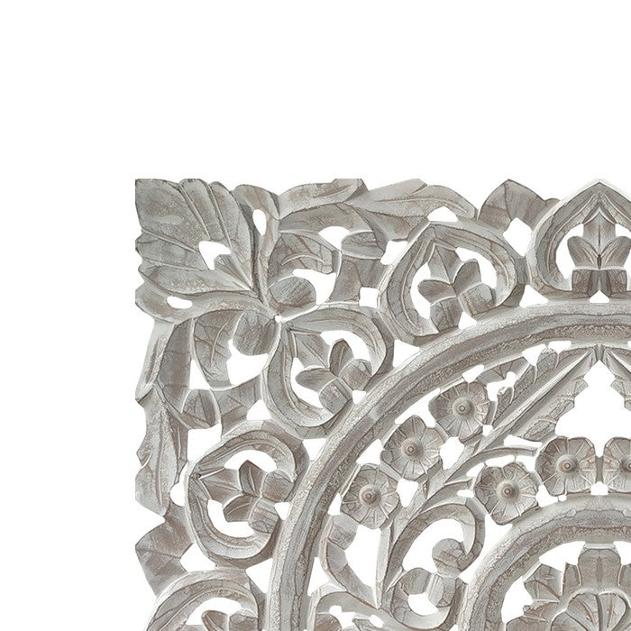Distressed Square Shape Wooden Wall Panel with Traditional Carvings, White