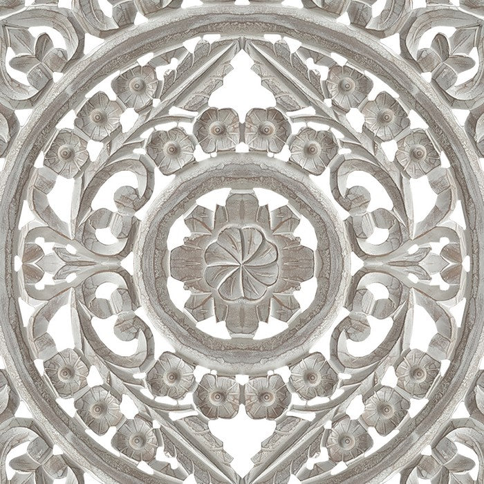 Distressed Square Shape Wooden Wall Panel with Traditional Carvings, White