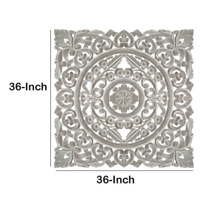 Distressed Square Shape Wooden Wall Panel with Traditional Carvings, White