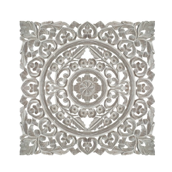Distressed Square Shape Wooden Wall Panel with Traditional Carvings, White