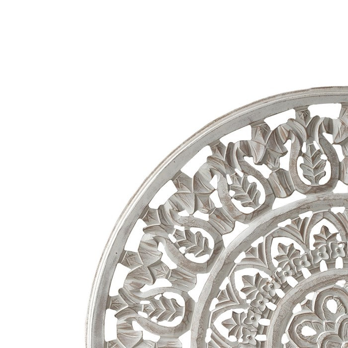 Round Shape Wooden Wall Panel with Ornate Carvings, Washed White