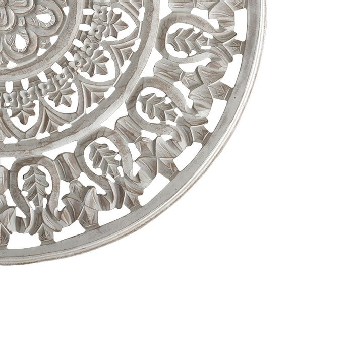 Round Shape Wooden Wall Panel with Ornate Carvings, Washed White