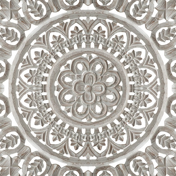 Round Shape Wooden Wall Panel with Ornate Carvings, Washed White