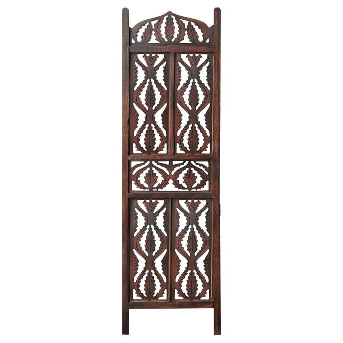 Decorative 3 Panel Mango Wood Screen with Abstract Carvings, Brown