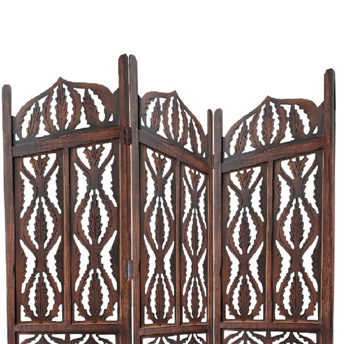 Decorative 3 Panel Mango Wood Screen with Abstract Carvings, Brown