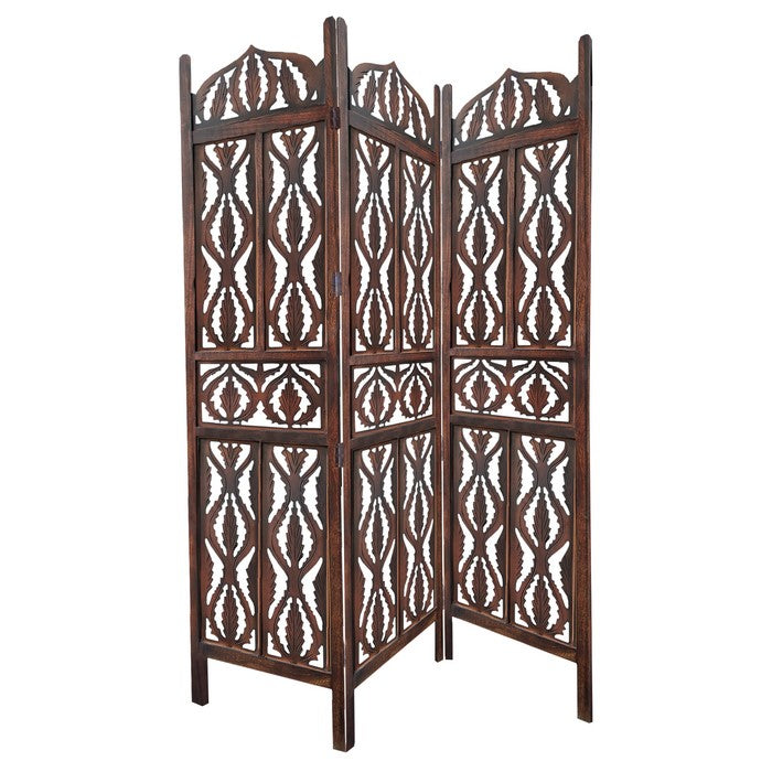 Decorative 3 Panel Mango Wood Screen with Abstract Carvings, Brown
