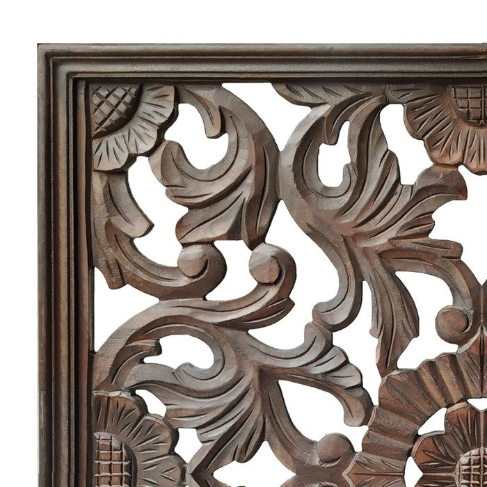 Square Shape Wooden Wall Panel with Filigree Carvings, Burnt Brown