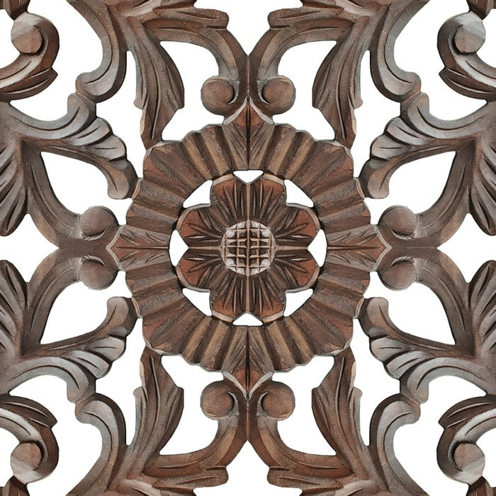 Square Shape Wooden Wall Panel with Filigree Carvings, Burnt Brown