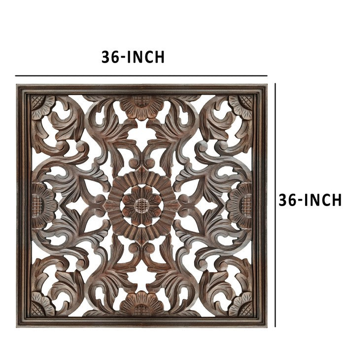 Square Shape Wooden Wall Panel with Filigree Carvings, Burnt Brown