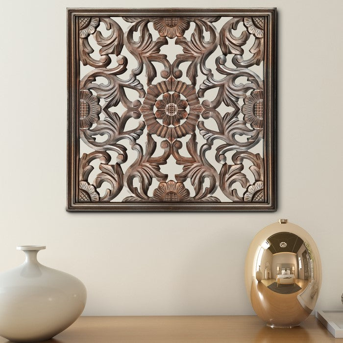 Square Shape Wooden Wall Panel with Filigree Carvings, Burnt Brown