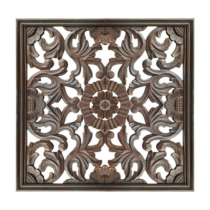 Square Shape Wooden Wall Panel with Filigree Carvings, Burnt Brown