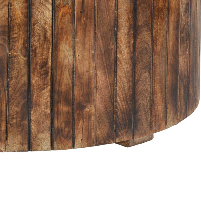 34 Inch Handmade Wooden Round Coffee Table with Plank Design, Burned Brown