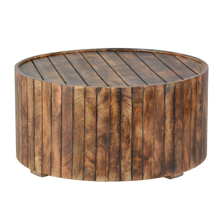 34 Inch Handmade Wooden Round Coffee Table with Plank Design, Burned Brown