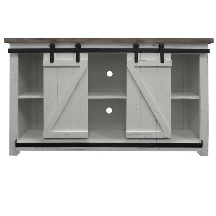 Farmhouse Style Media Console with Barn Style Sliding Door, Brown and White