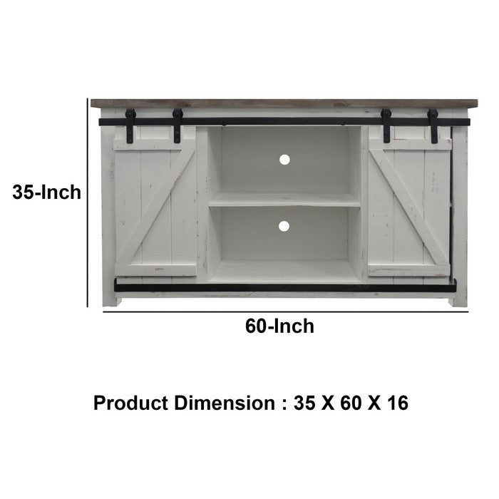 Farmhouse Style Media Console with Barn Style Sliding Door, Brown and White