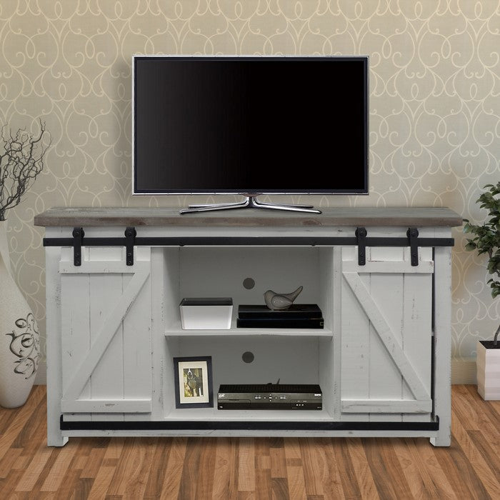 Farmhouse Style Media Console with Barn Style Sliding Door, Brown and White