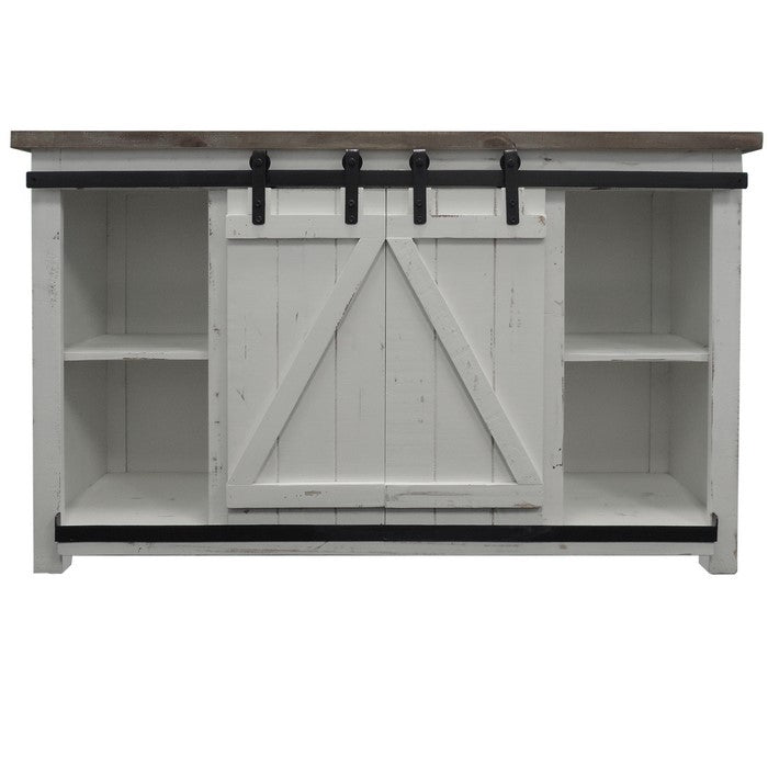 69 Inch Wooden Media Console with Barn Style Sliding Door, Brown and White