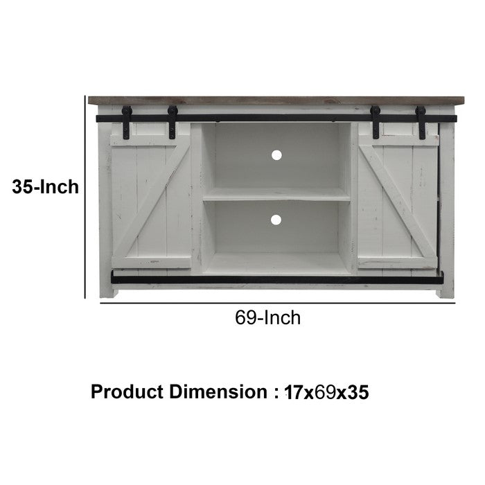 69 Inch Wooden Media Console with Barn Style Sliding Door, Brown and White