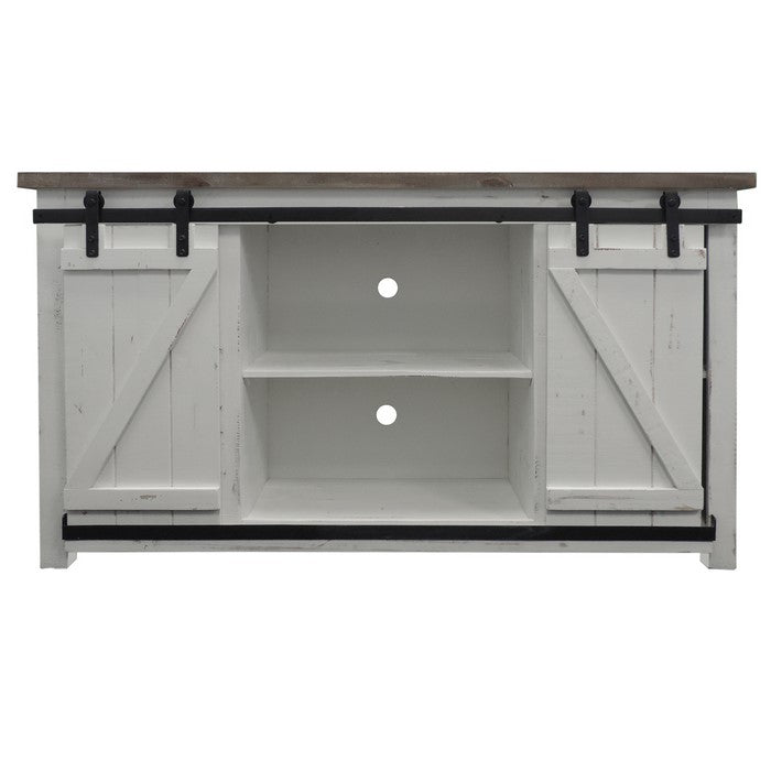 69 Inch Wooden Media Console with Barn Style Sliding Door, Brown and White