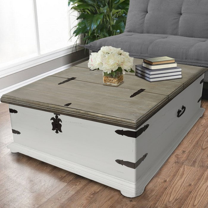 Trunk Shape Cocktail Table with Double Lid Opening, White and Brown