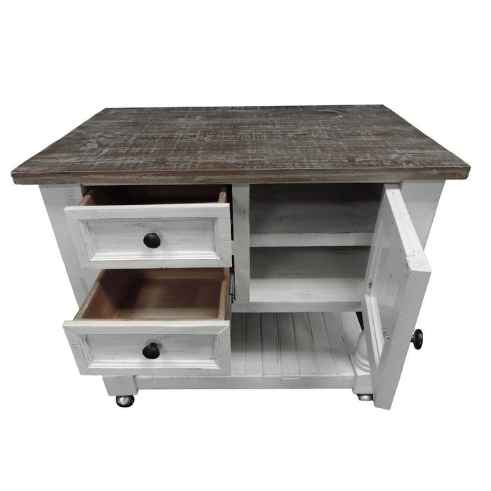 Farmhouse Style 2 Drawer Wooden Kitchen Cart with Plank Design Shelf, White and Brown