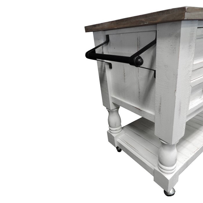 Farmhouse Style 2 Drawer Wooden Kitchen Cart with Plank Design Shelf, White and Brown