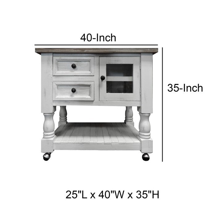 Farmhouse Style 2 Drawer Wooden Kitchen Cart with Plank Design Shelf, White and Brown