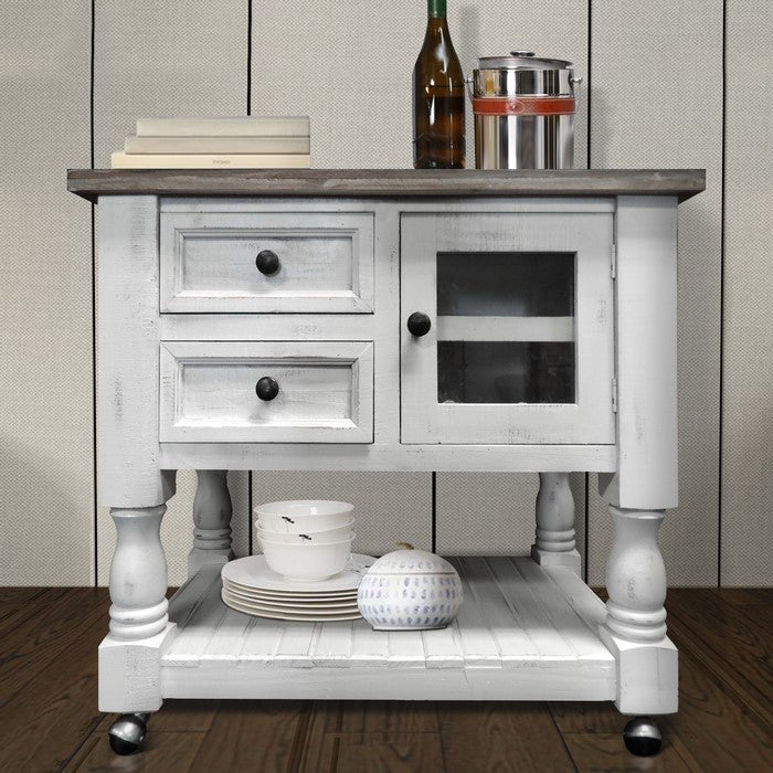 Farmhouse Style 2 Drawer Wooden Kitchen Cart with Plank Design Shelf, White and Brown