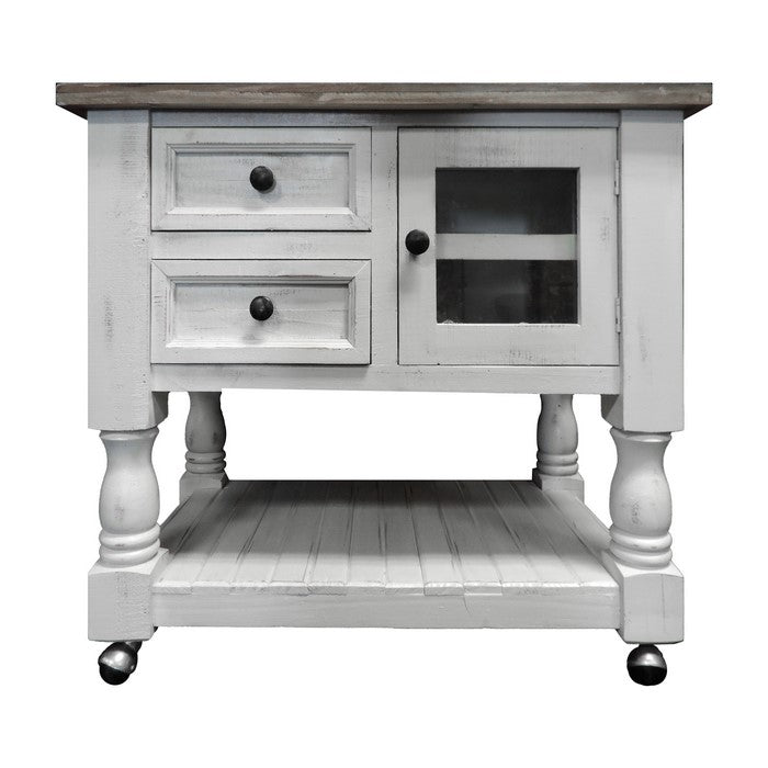 Farmhouse Style 2 Drawer Wooden Kitchen Cart with Plank Design Shelf, White and Brown