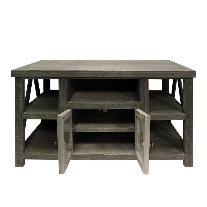 52 Inch Handmade Wooden TV Stand with 2 Glass Door Cabinet, Distressed Gray