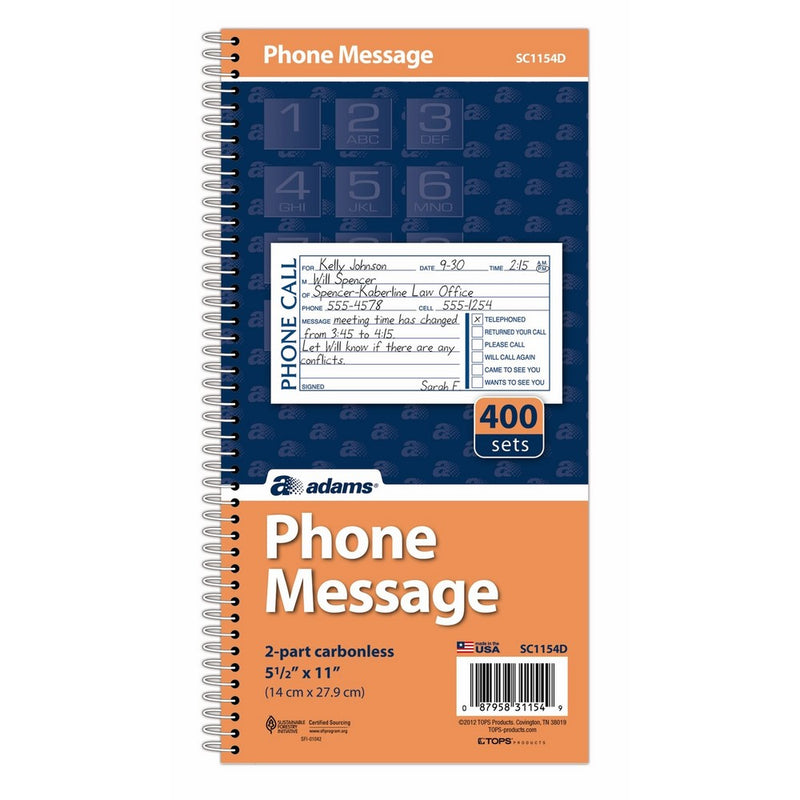 Adams Phone Message Book, Carbonless Duplicate, 5.50 x 11 Inches, 4 Sets per Page, 400 Sets per Book (SC1154D)