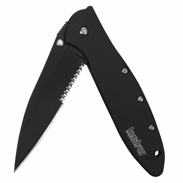 Kershaw Leek, Black, Serrated (1660CKTST) 3” Partially Serrated 14C28N Steel Blade and 410 Stainless Steel Handle, Both DLC Coated; SpeedSafe Opening, Liner Lock, Tip-Lock, Reversible Pocketclip; 3 OZ