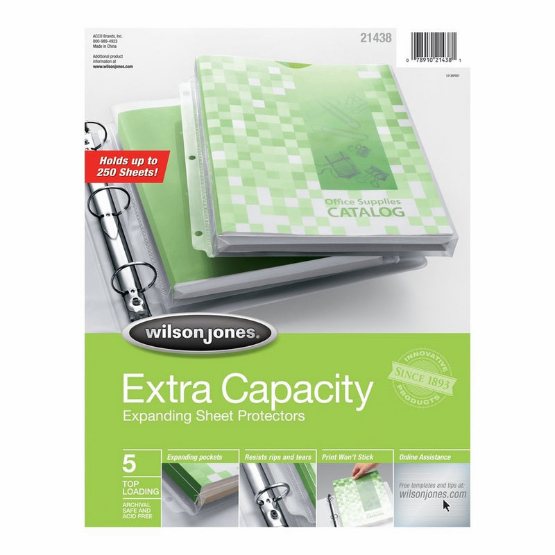 Wilson Jones Extra Capacity Top-Loading Sheet Protectors, 250 Sheet Capacity, Letter Size, 5 Sleeves per Pack, Clear (W21438)