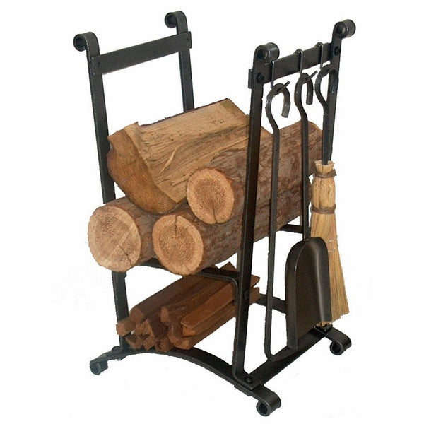 Enclume Compact Curved Log Rack with Fireplace Tools, Hammered Steel