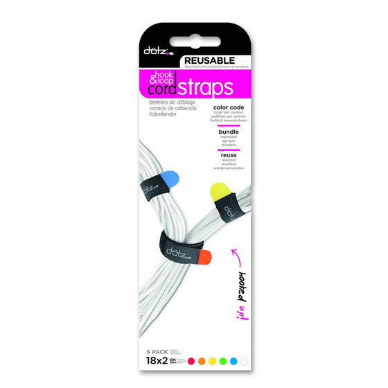 Dotz Reusable Hook & Loop Cord Straps for Cord and Cable Management, 6 Count, Assorted Colors (RHLS221MC)