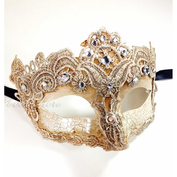 Toga Party Special - Venetian Goddess Masquerade Mask Made of Resin, Paper Mache Technique with High Fashion Macrame Lace & Rhinestones [Ivory]