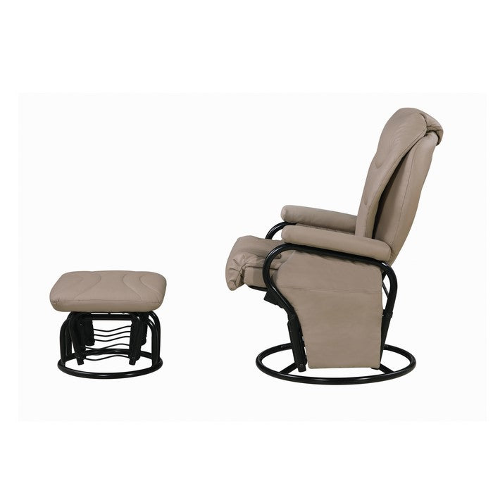 Leatherette Metal Swivel Glider Recliner with Ottoman, Beige and Black, Set of 2