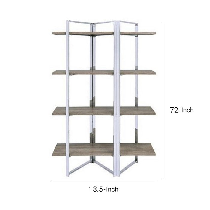 Geometric Metal Framed Bookshelf with Four Open Wooden Shelves, Brown and Silver