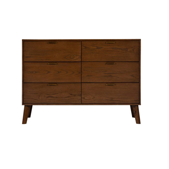Grained Wooden Frame Dresser with 6 Drawers and Angled Legs, Brown