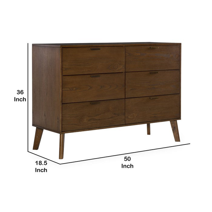 Grained Wooden Frame Dresser with 6 Drawers and Angled Legs, Brown
