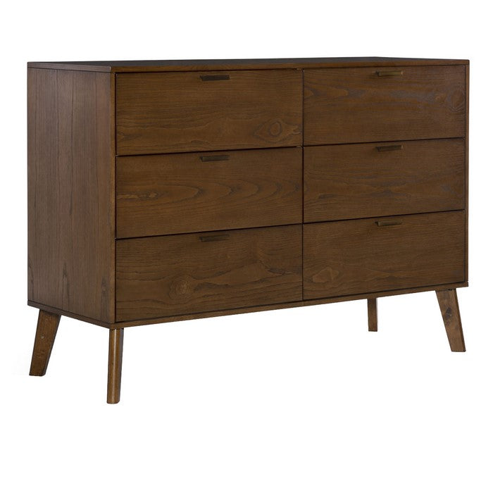 Grained Wooden Frame Dresser with 6 Drawers and Angled Legs, Brown