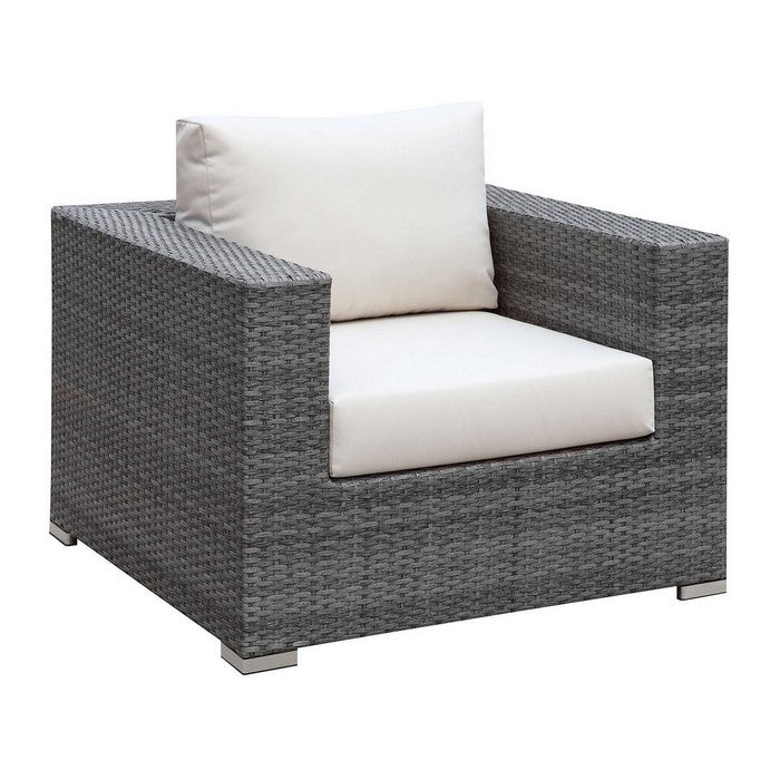 Woven Wicker and Fabric Upholstered Arm Chair, Gray and Off White