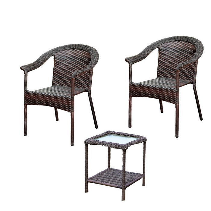 3 Piece Woven Wicker Patio Set with 2 Chairs and 1 Glass Top Table, Brown