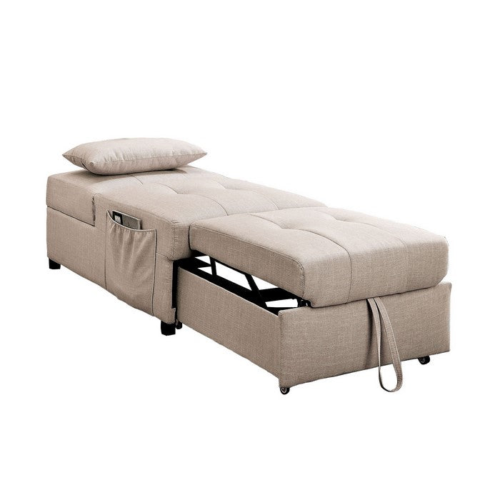 Fabric Upholstered Wooden Futon with Lumbar Pillow, Beige
