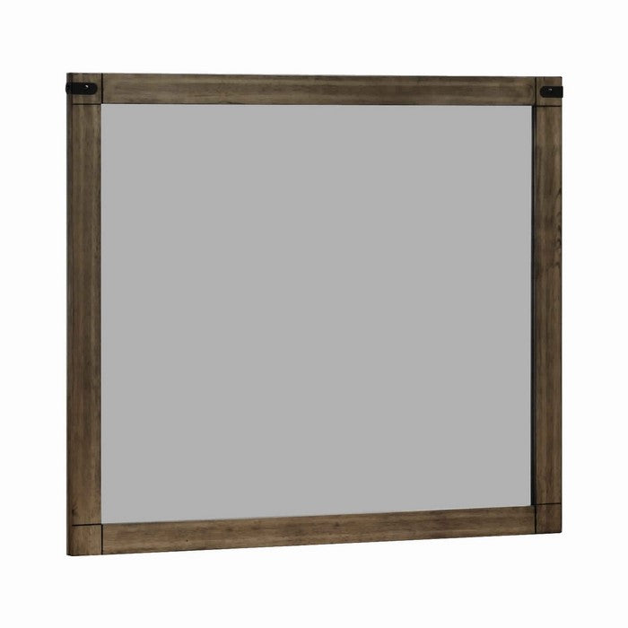 Wooden Frame Dresser Top Mirror with Metal Brackets, Brown and Silver