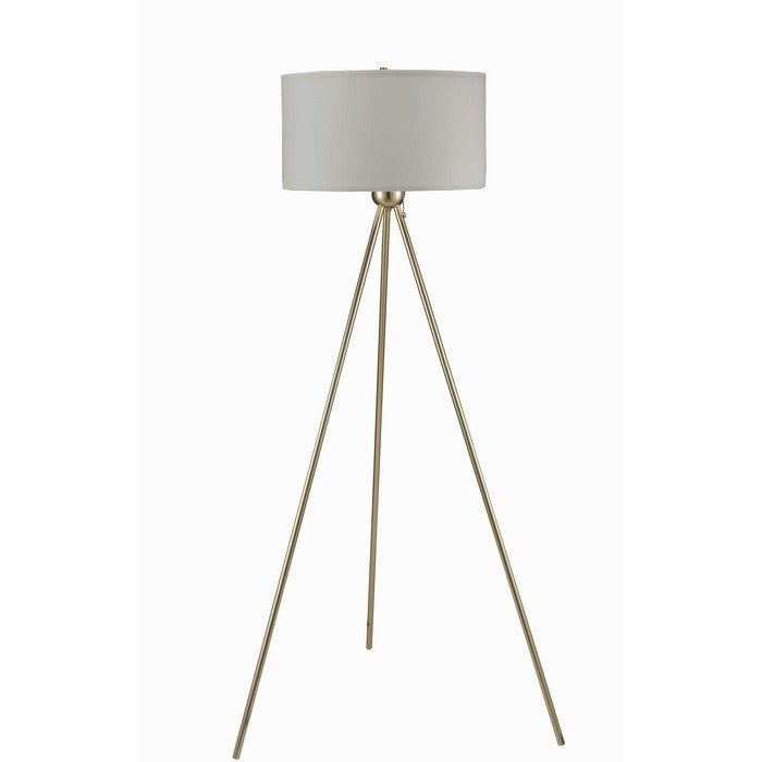 Round Fabric Wrapped Floor Lamp with Tripod Legs, White and Gold